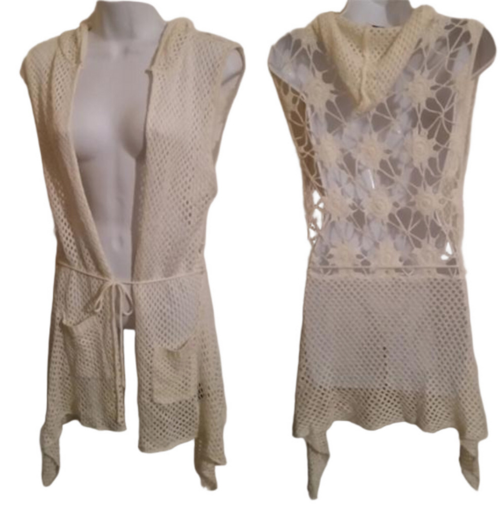 Neslay Paris Crochet Hooded Knit Top Swim Cover Up Y2K